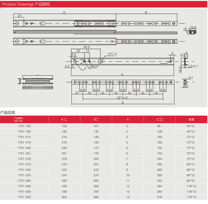 Slides de gaveta de trilho de rolamento de esferas de extensão única para 17 mm Mini Two Way Drawer Runners