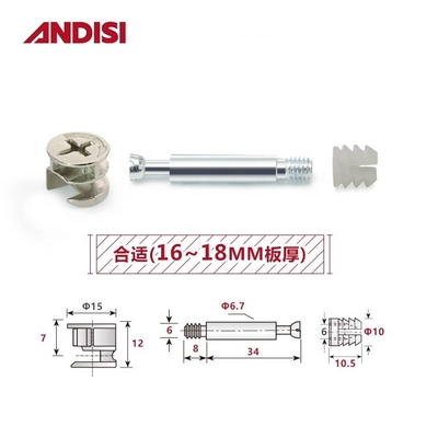 Embalagem de correio 3-IN-1 Conexão de armário de madeira Cam Lock Nut e parafuso MINI FIX