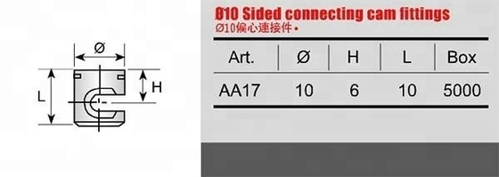 Conector de fixação de móveis lateral com 10 mm de bloqueio excêntrico